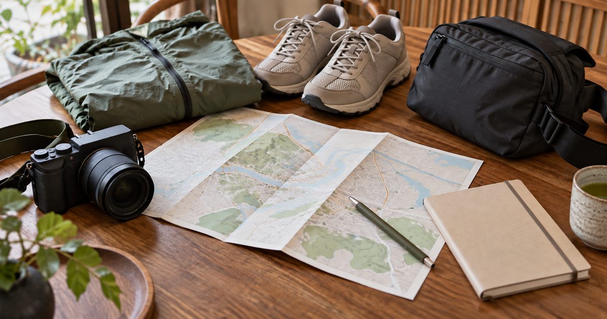 Map, walking shoes and a bag prepared for a trip