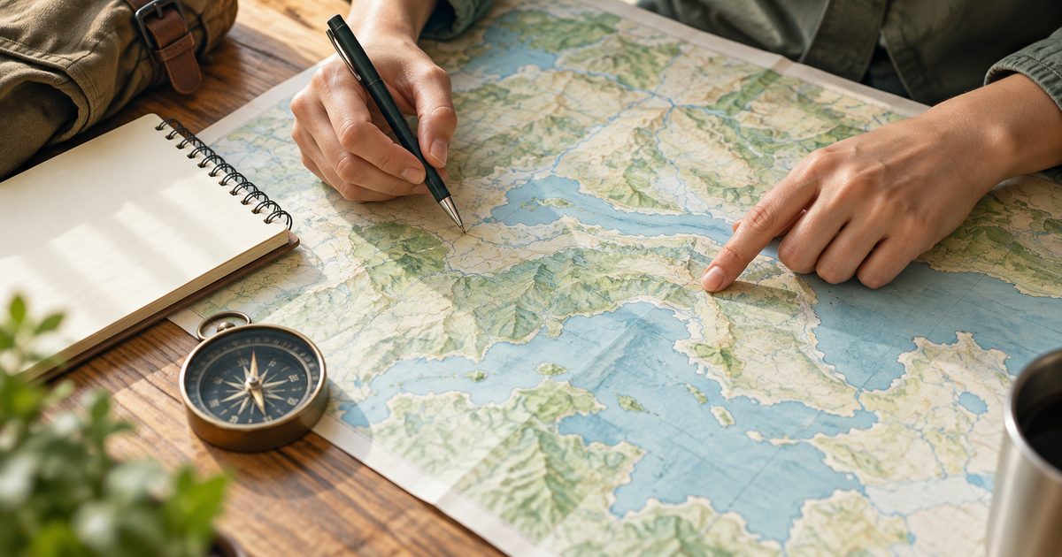 Hands planning an itinerary on a map